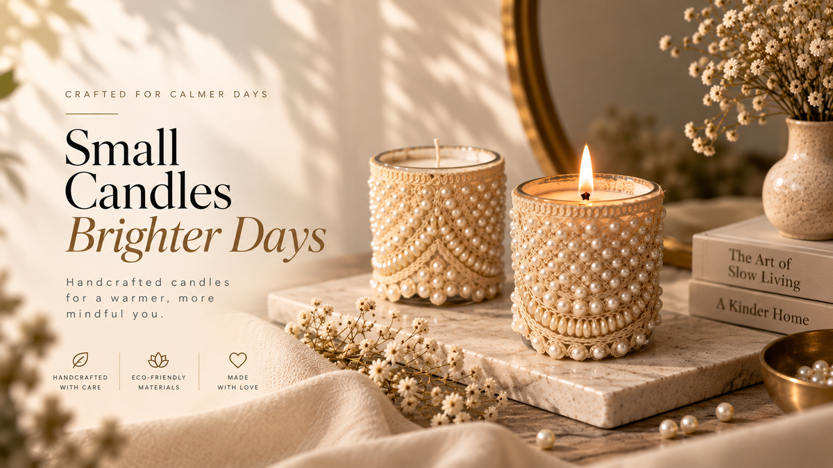 Small candles, brighter days — two pearl-set SORAMI candles on marble