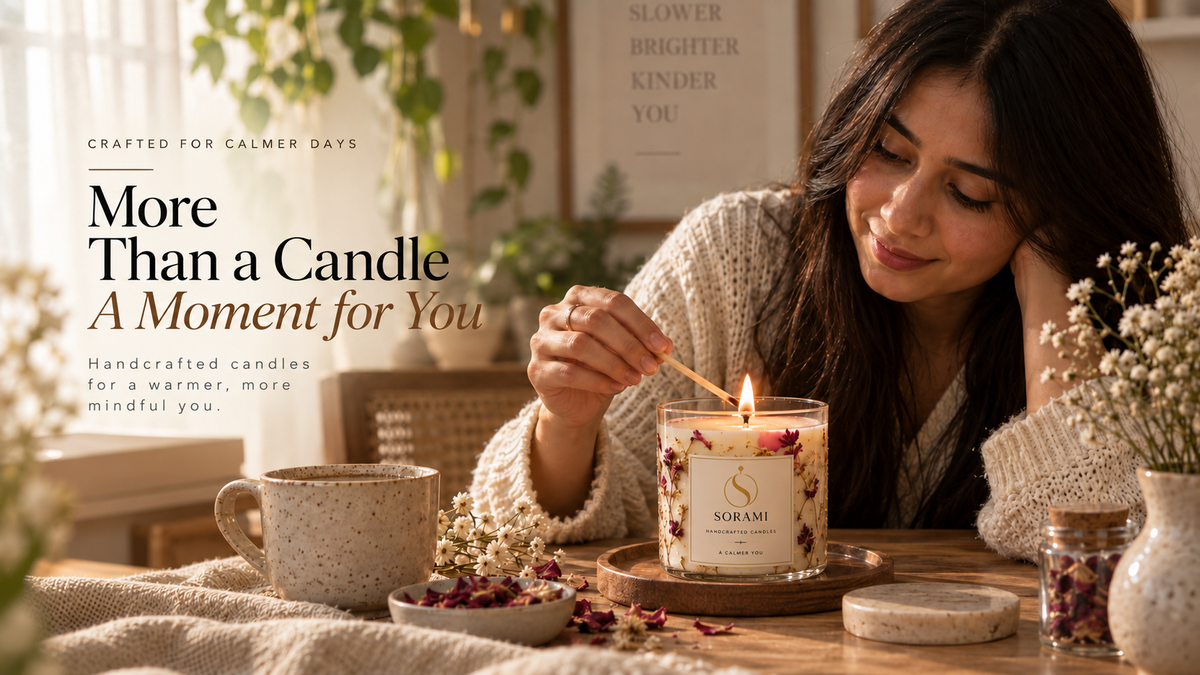 More than a candle, a moment for you — a woman lighting a SORAMI candle