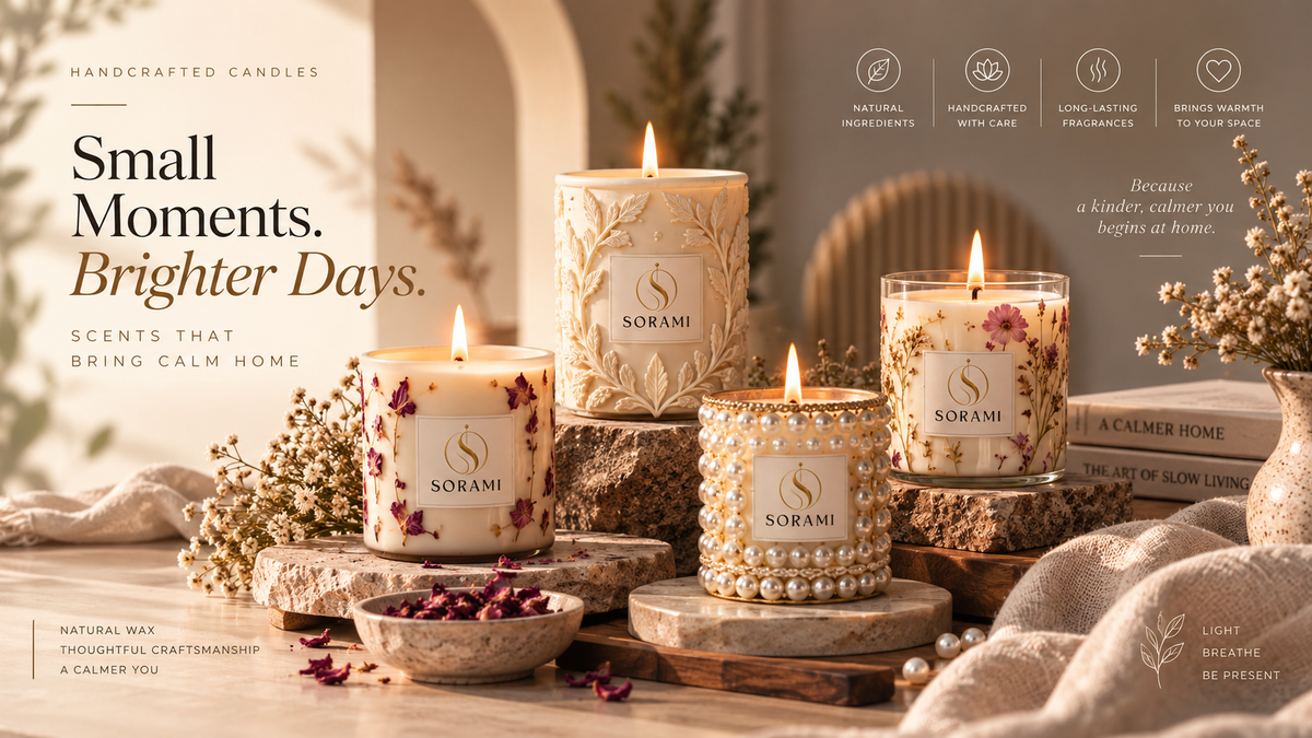 Small moments, brighter days — four SORAMI candles arranged on stone