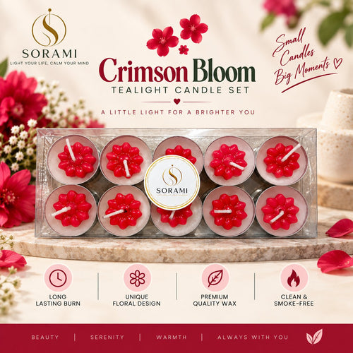 SORAMI Crimson Bloom tealight candle set, pack of 10
