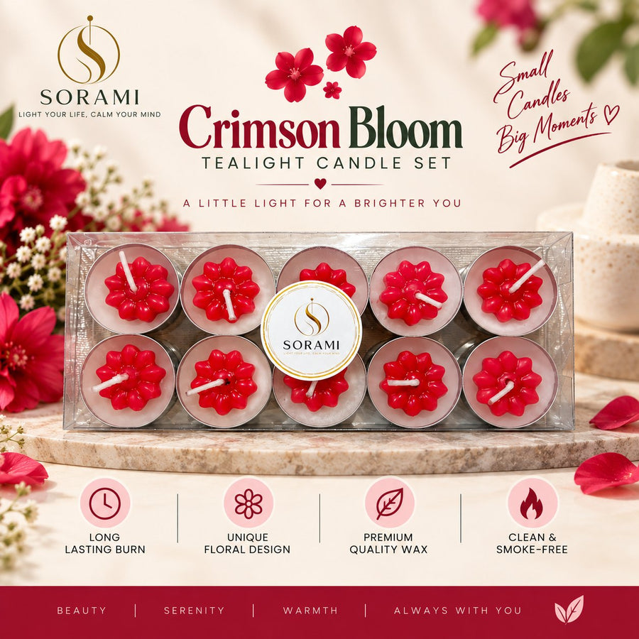 SORAMI Crimson Bloom tealight candle set, pack of 10