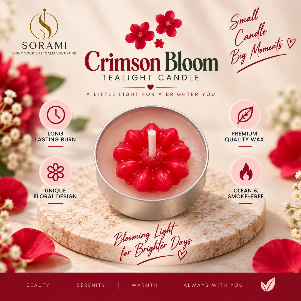 Single Crimson Bloom tealight lit, close up