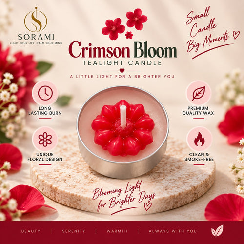 Single Crimson Bloom tealight lit, close up