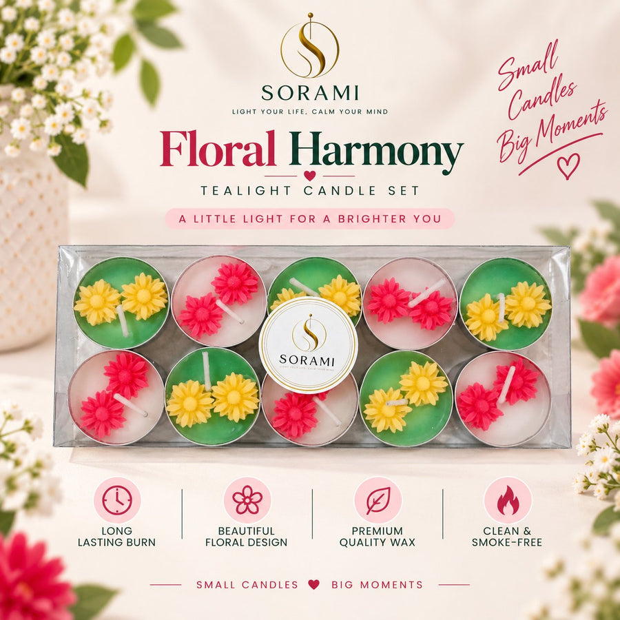 SORAMI Floral Harmony red and yellow tealight candle set, pack of 10
