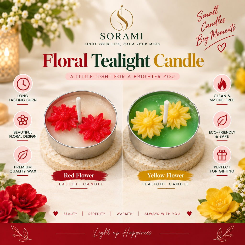 Red flower and yellow flower tealights side by side
