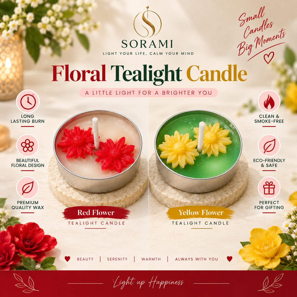 Red flower and yellow flower tealights side by side