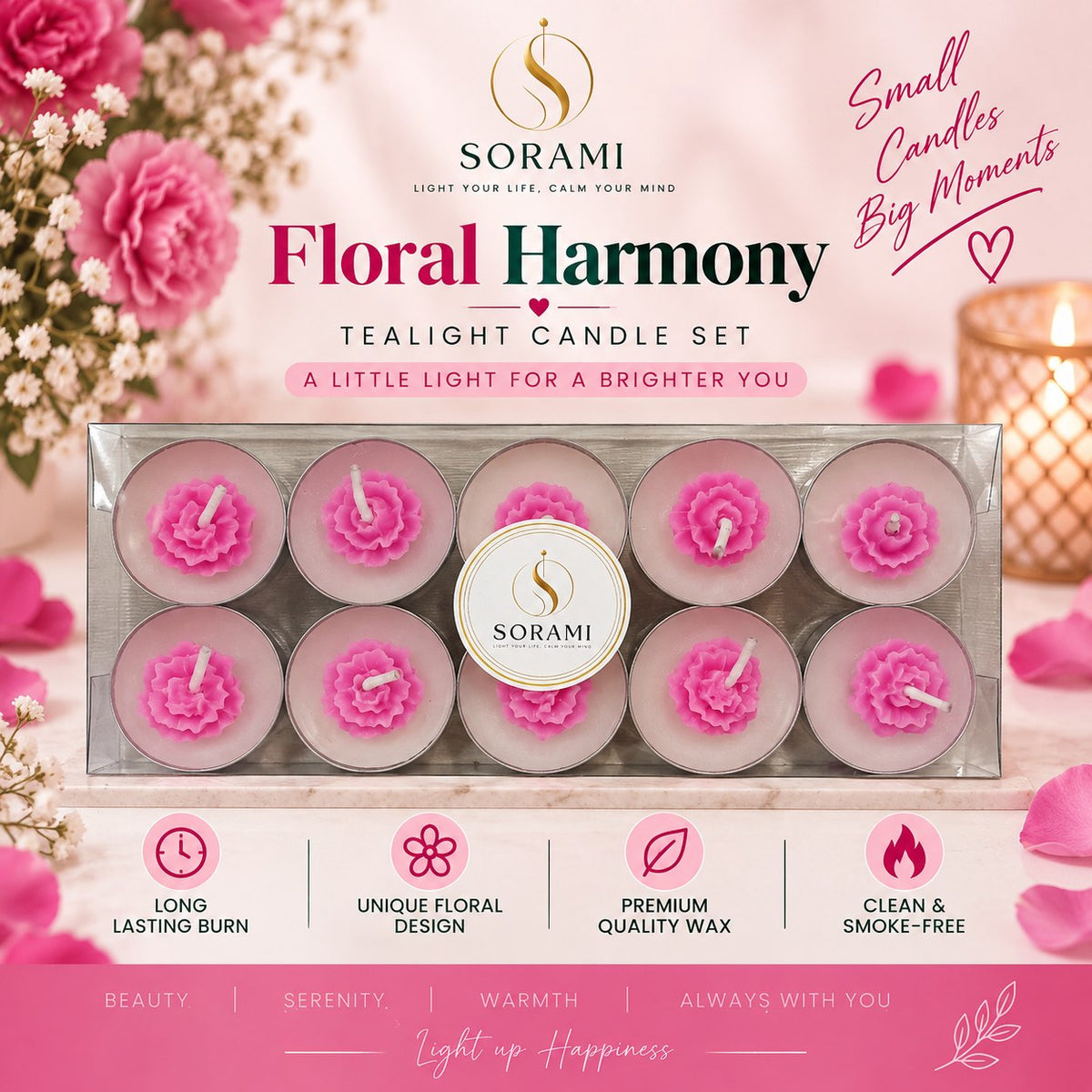 Pink blossom tealights in the box, angled view