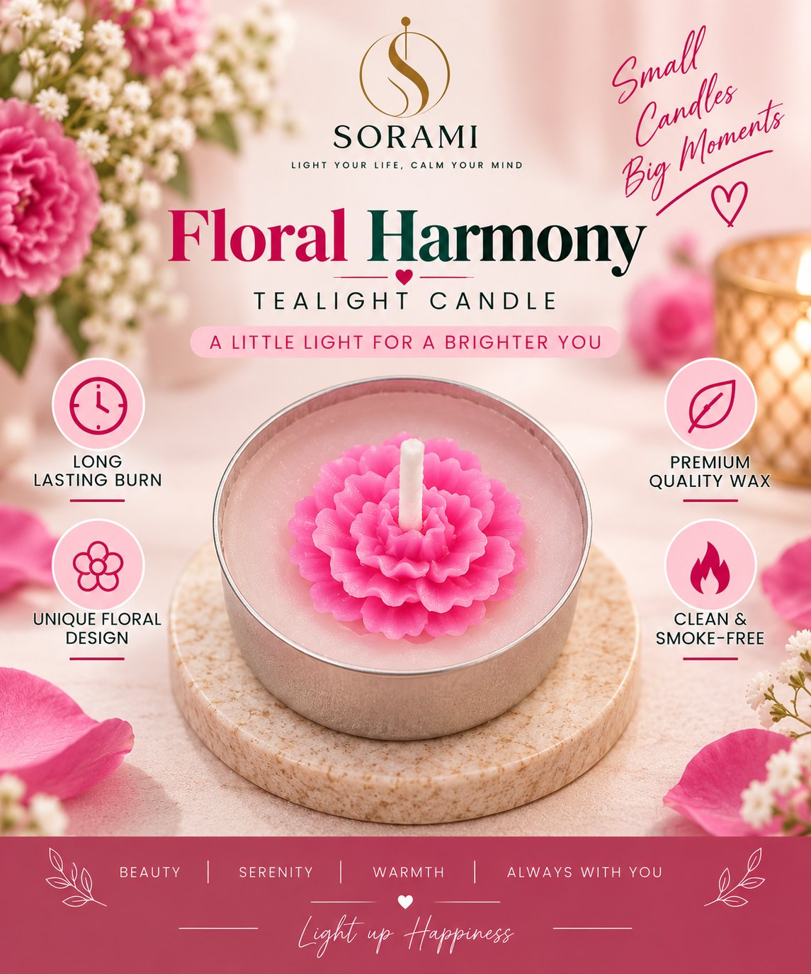 Single pink blossom tealight, close up