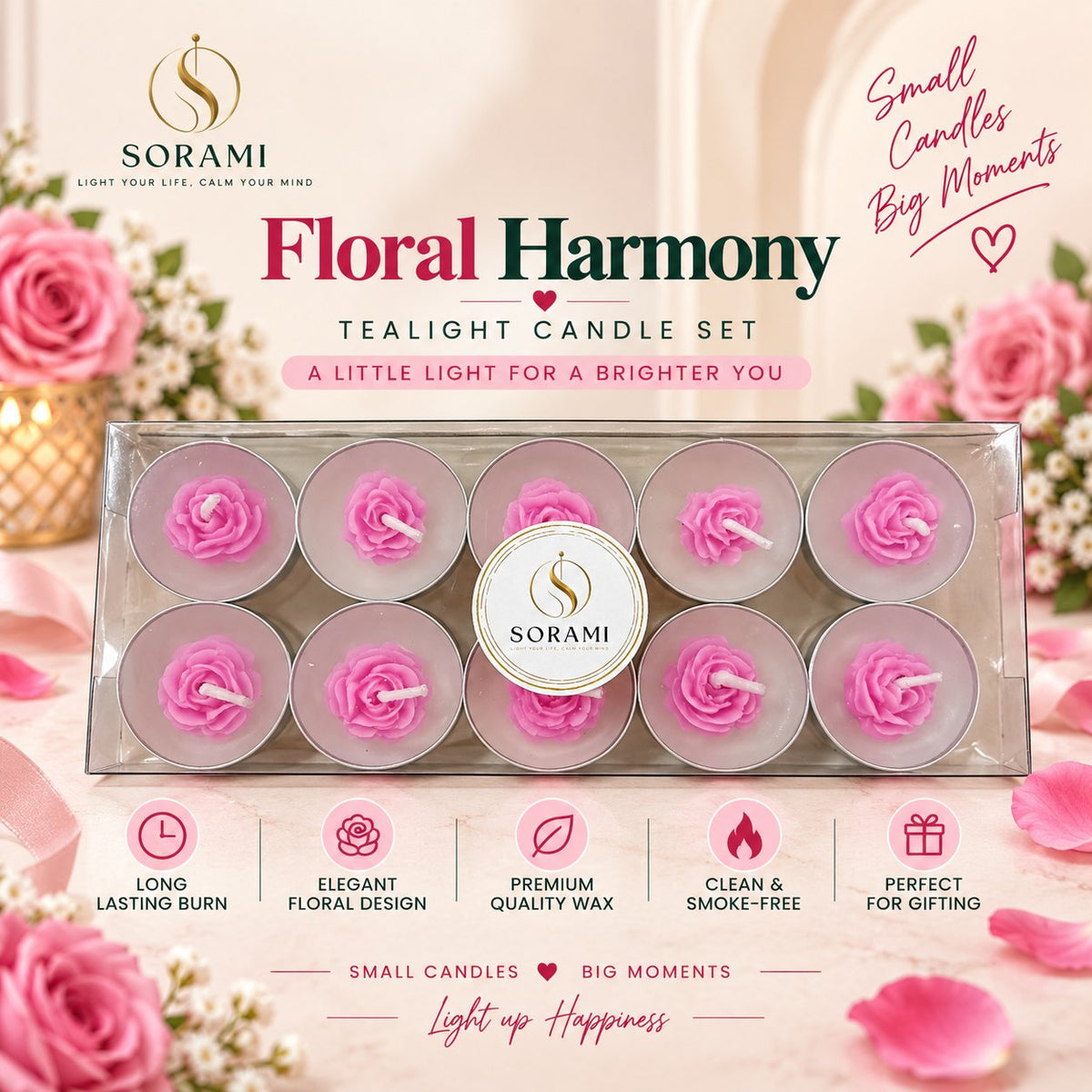 SORAMI Floral Harmony pink rose tealight candle set, pack of 10