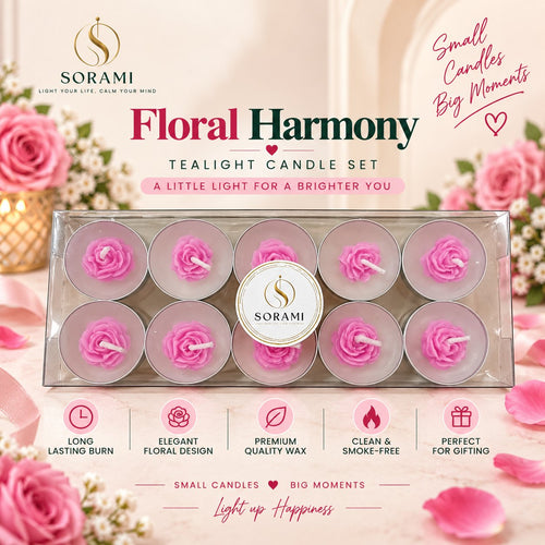 SORAMI Floral Harmony pink rose tealight candle set, pack of 10