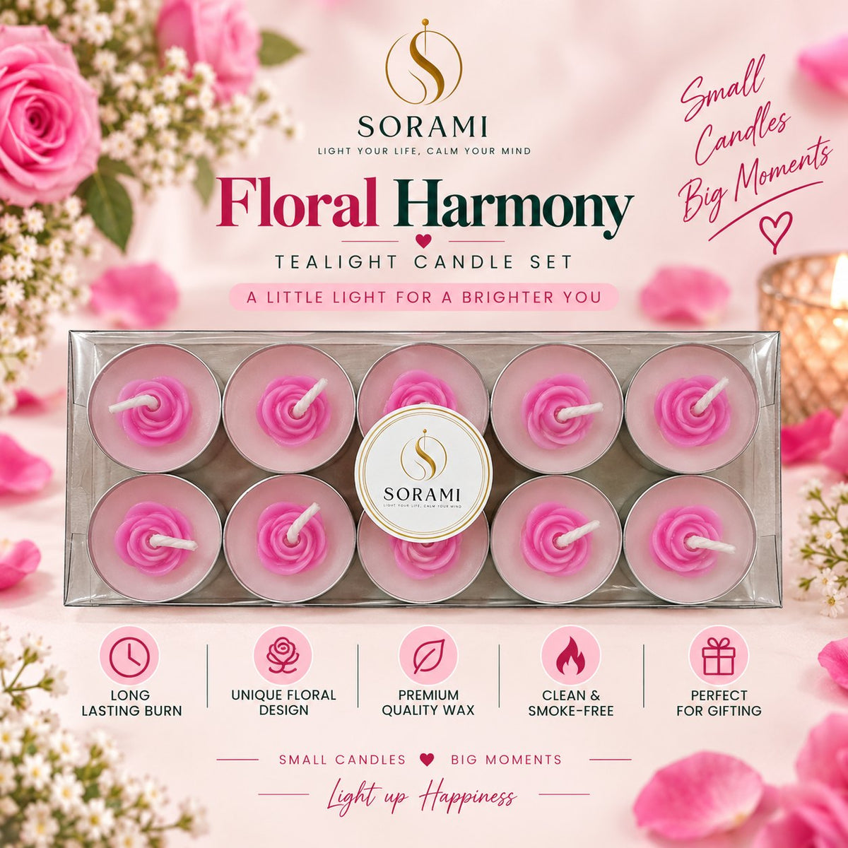 Pink rose tealights in the box, angled view