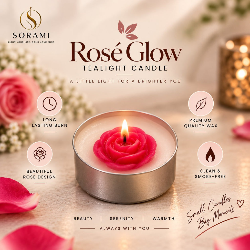 Single Rosé Glow rose tealight lit, close up