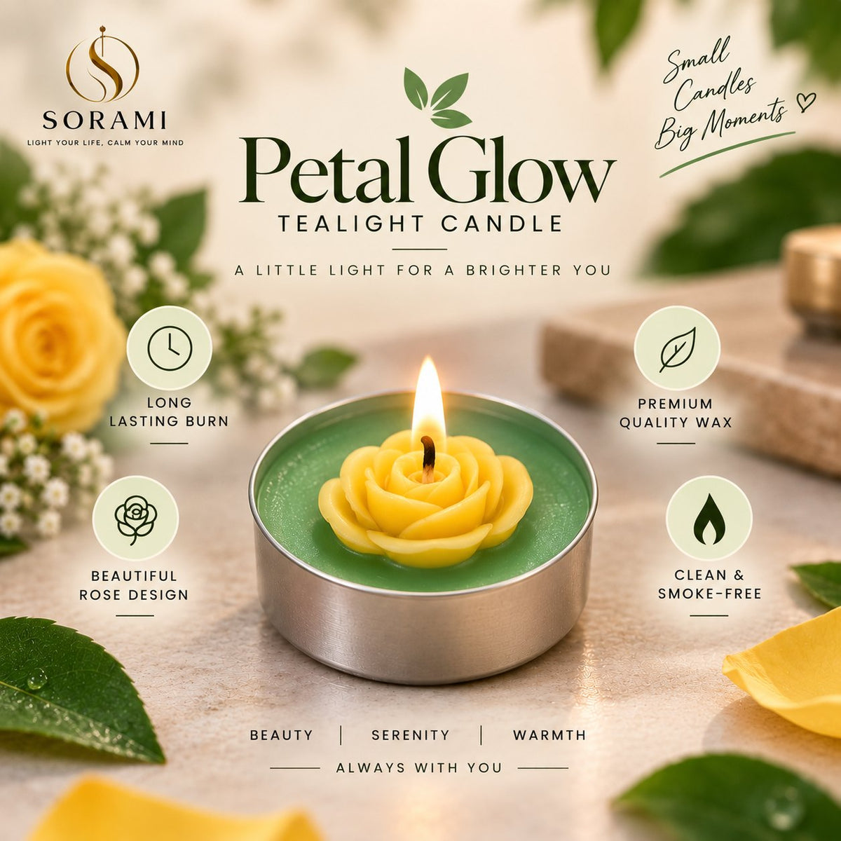 Petal Glow tealight in green wax, close up