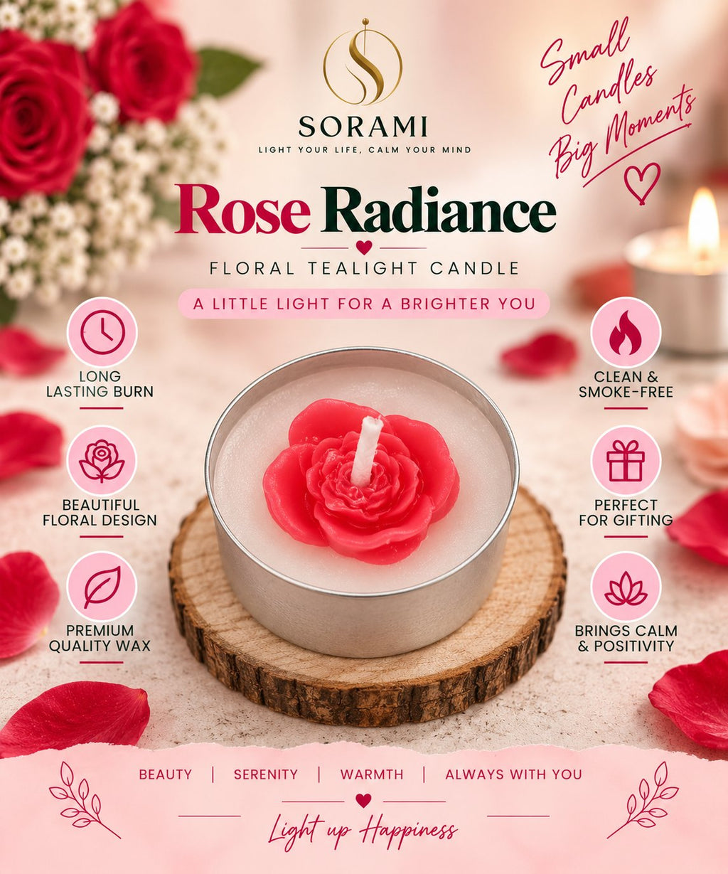 Single Rose Radiance tealight on a wood slice, close up