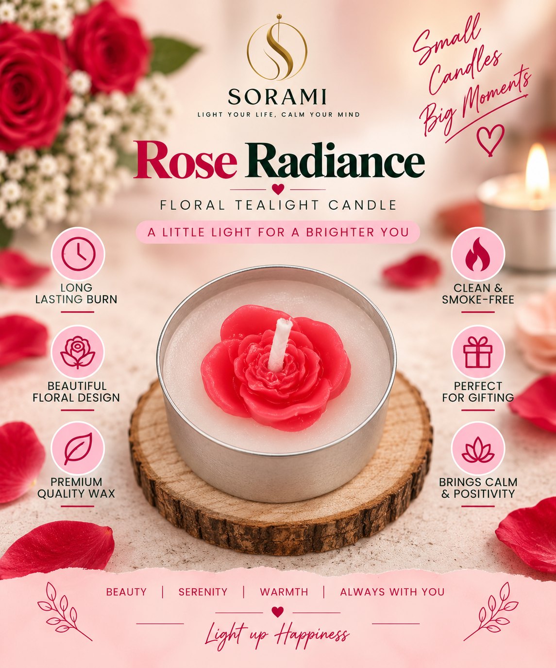 Single Rose Radiance tealight on a wood slice, close up