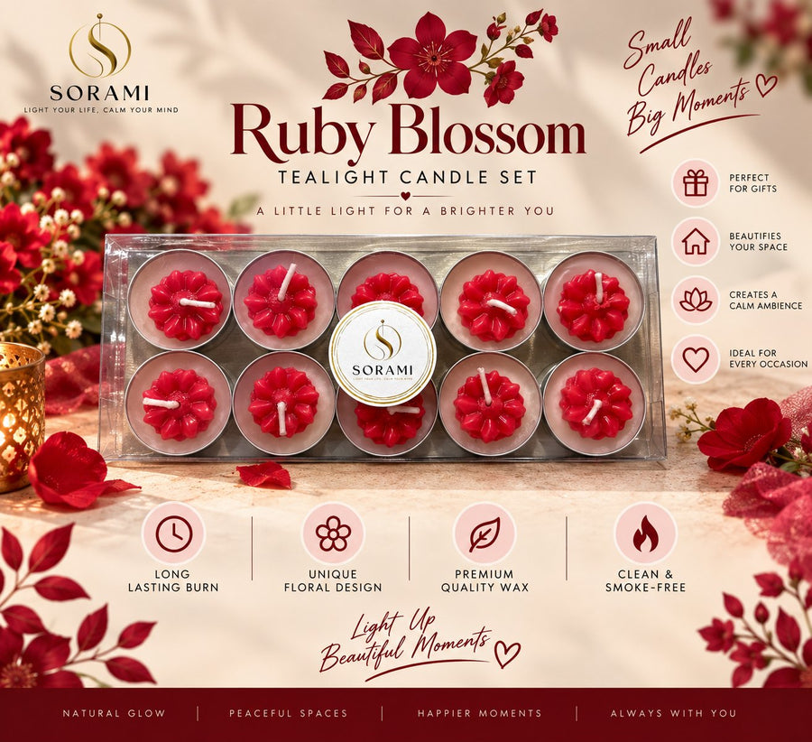 SORAMI Ruby Blossom tealight candle set, pack of 10