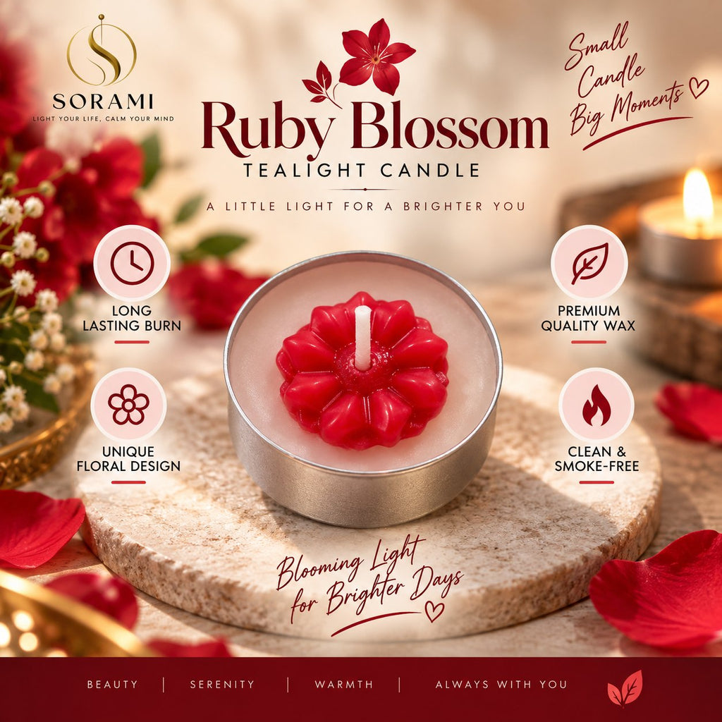 Single Ruby Blossom tealight, close up