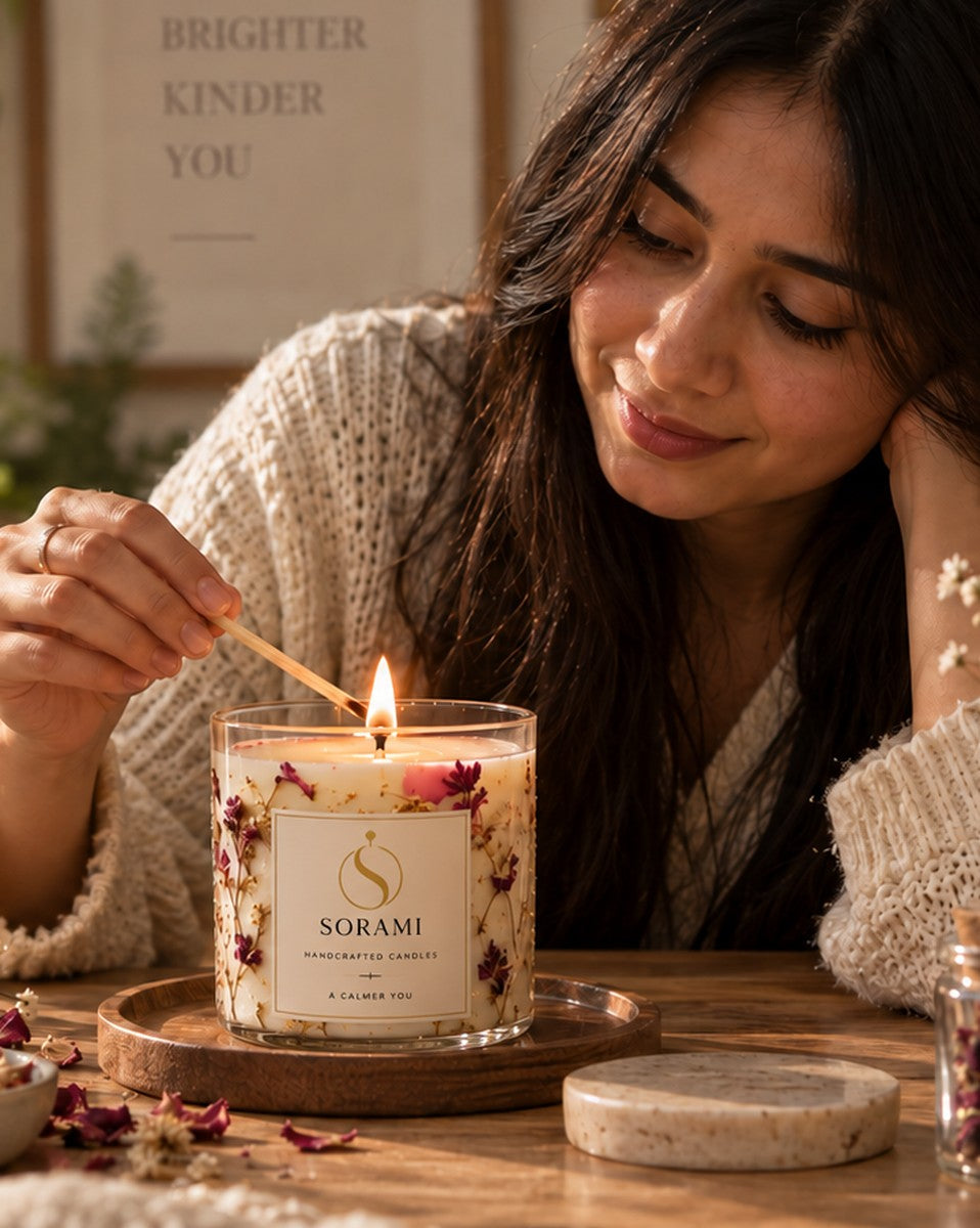 A SORAMI tealight being lit at a table