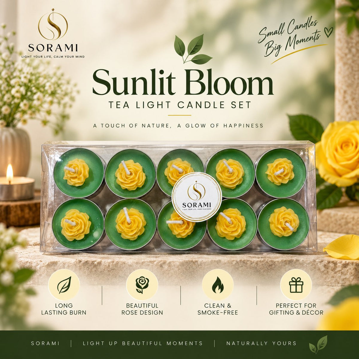 SORAMI Sunlit Bloom tealight candle set, pack of 10