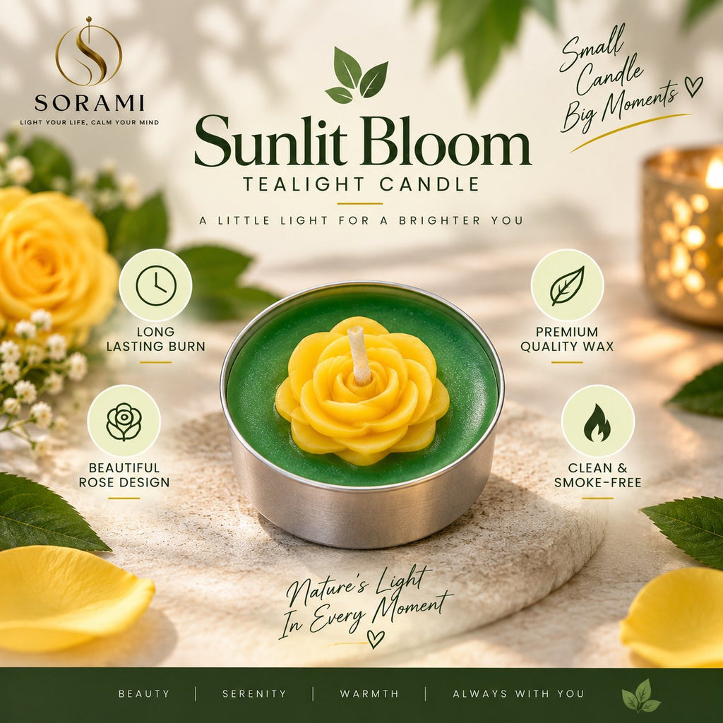 Single Sunlit Bloom yellow rose tealight, close up